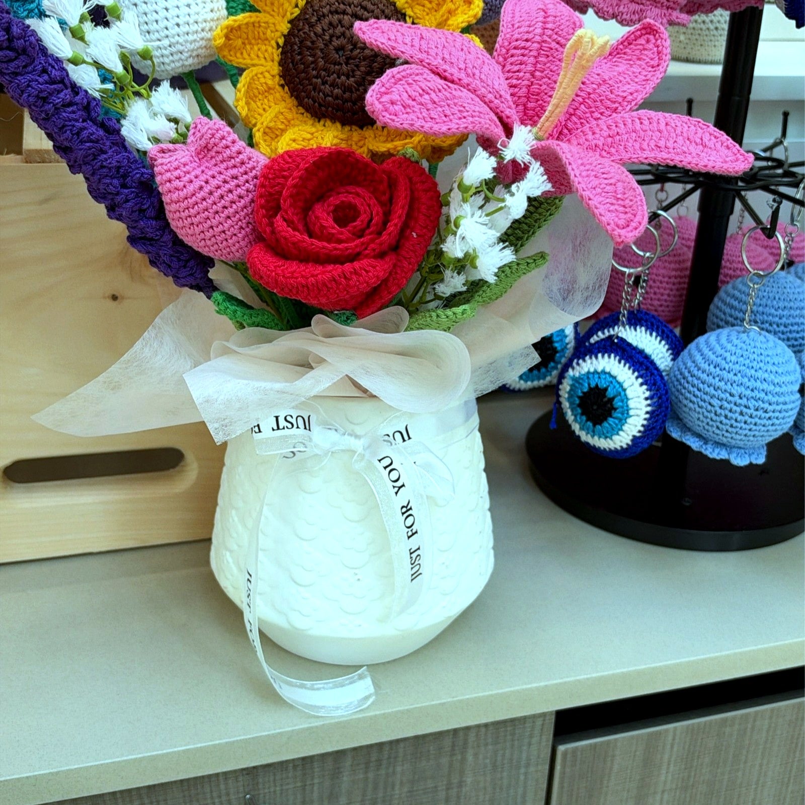 Crochet Sunflower & Lily Bouquet in Vase