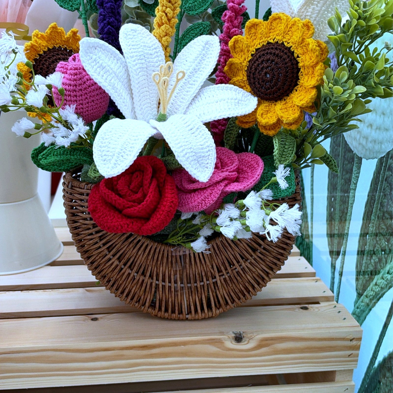 Crochet Flower Basket Arrangement