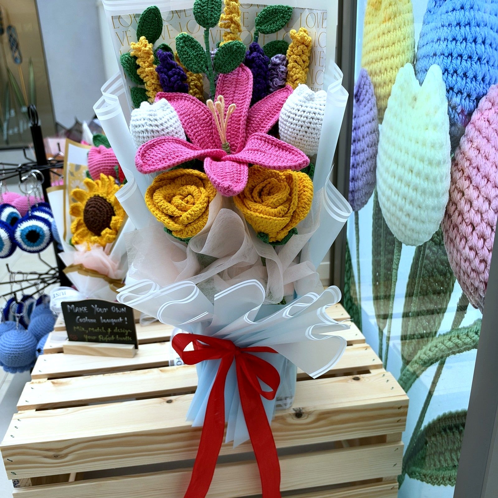 Pink Lily & Yellow Rose Crochet Bouquet