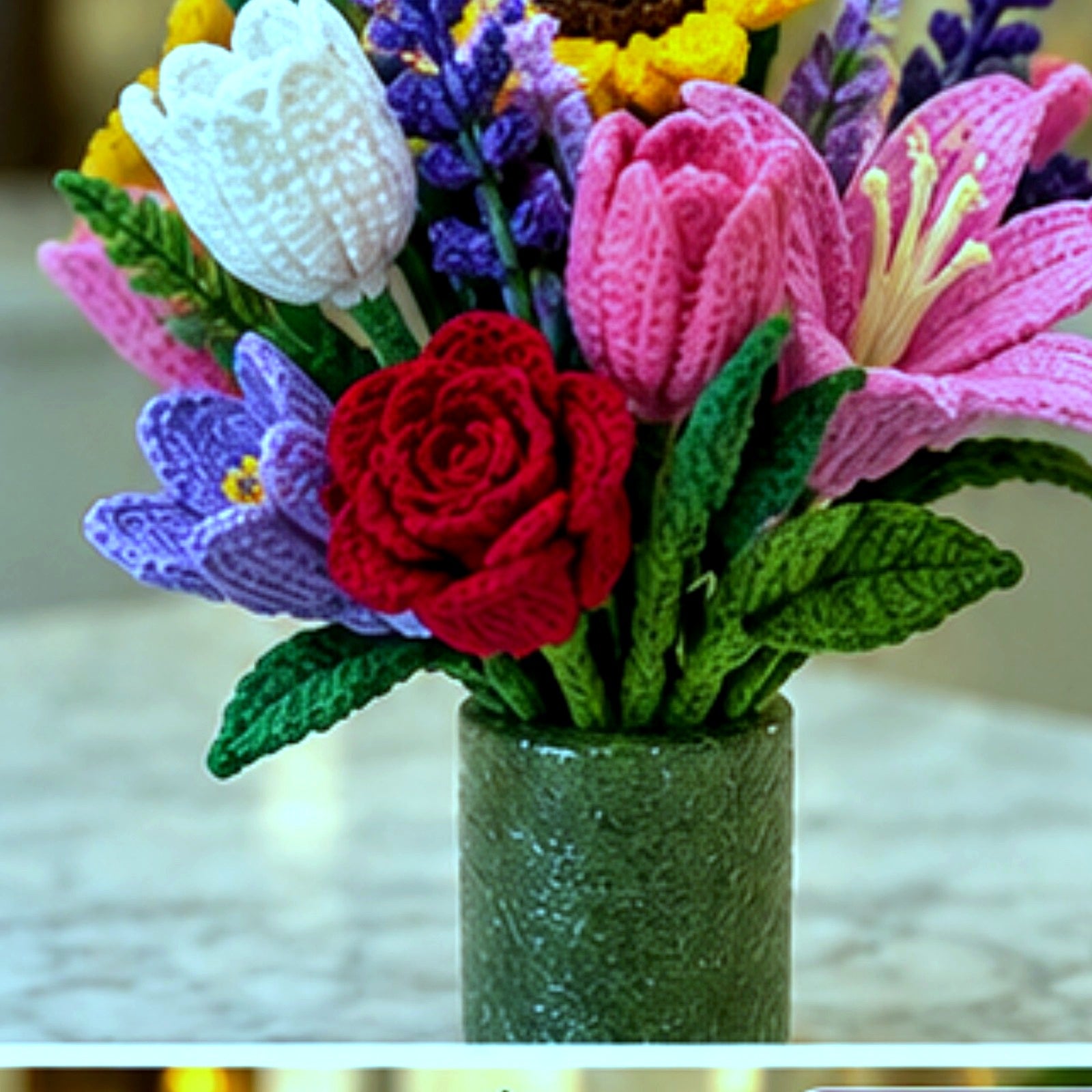 Mixed Crochet Bouquet in Green Vase