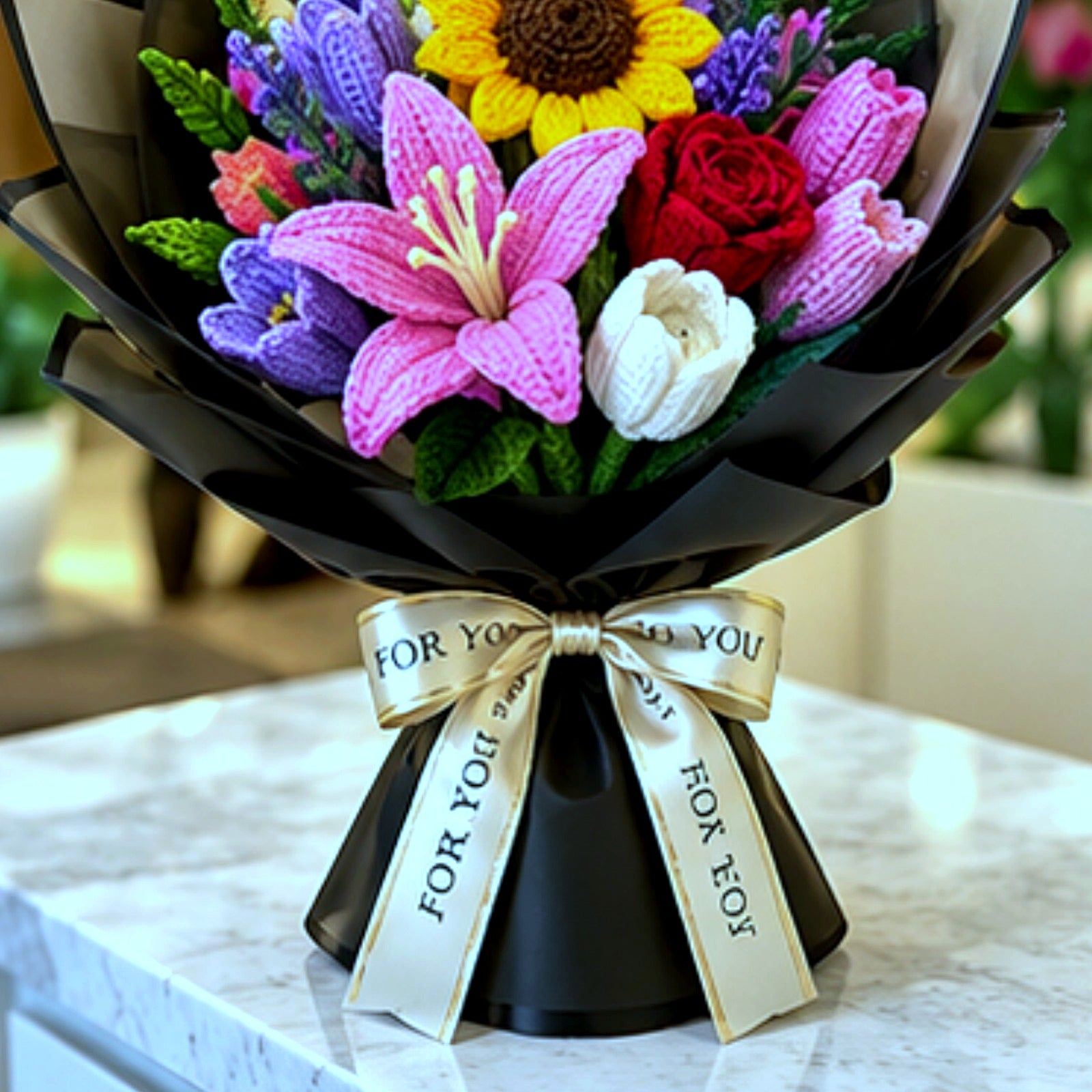 Luxury Black-Wrap Crochet Bouquet