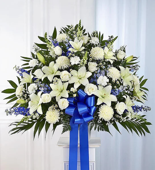 Heartfelt Sympathies Blue & White Funeral Standing Basket