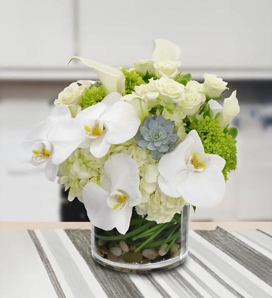 Elegant White Orchid & Rose Arrangement