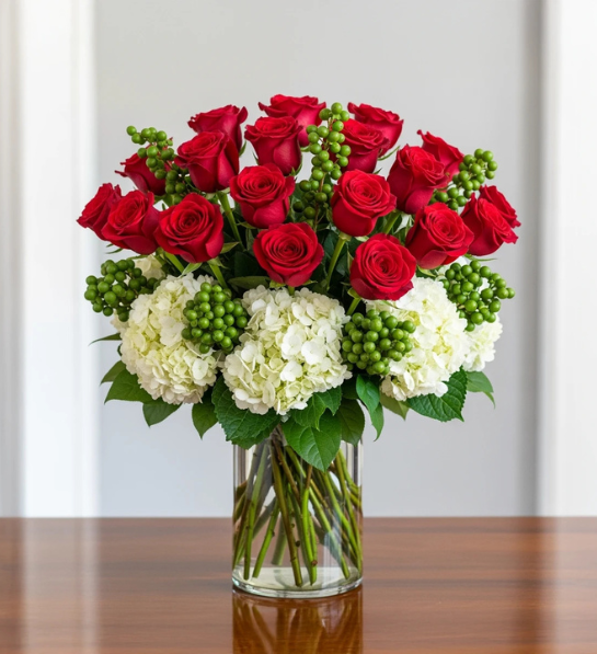 Classic Red Rose & Hydrangea Elegance